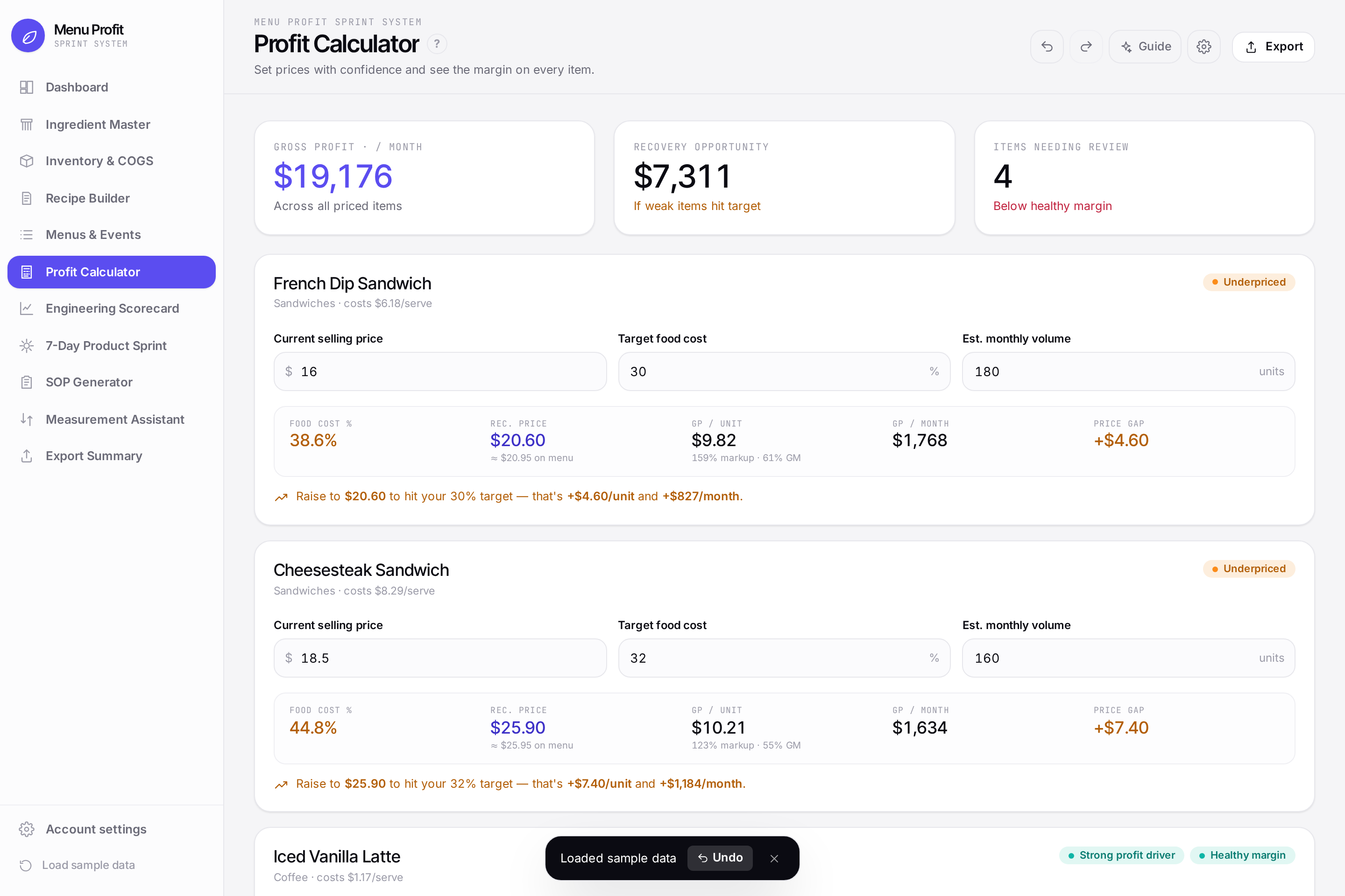 Profit Calculator showing food cost %, gross profit and a recommended price for each dish